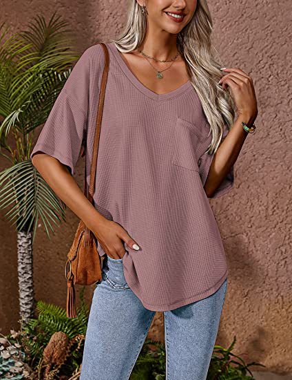 Color-Summer Women Clothing V neck Pocket Waffle Casual Short-Sleeved T shirt-Fancey Boutique