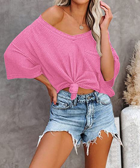 Color-Summer Women Clothing V neck Pocket Waffle Casual Short-Sleeved T shirt-Fancey Boutique