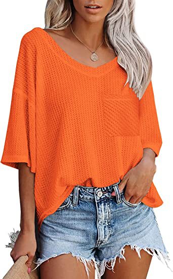 Color-Summer Women Clothing V neck Pocket Waffle Casual Short-Sleeved T shirt-Fancey Boutique