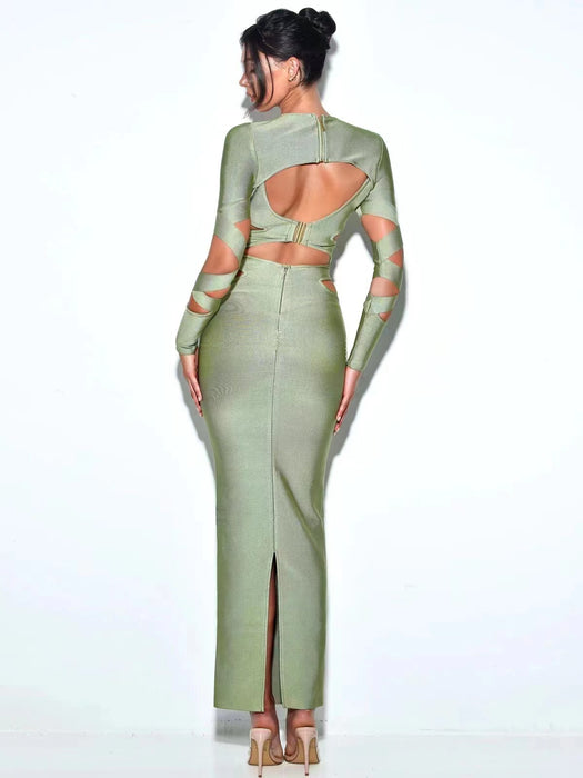 Color-Socialite Low Cut Bandage CrissCross Cropped Outfit Hollow Out Cutout Long Slim Dress-Fancey Boutique