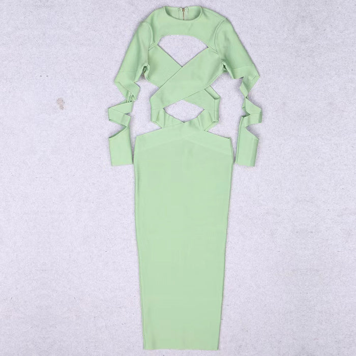 Color-Socialite Low Cut Bandage CrissCross Cropped Outfit Hollow Out Cutout Long Slim Dress-Fancey Boutique