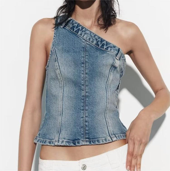 Color-Summer Women Vest Outer Wear Straight Slim Asymmetric Denim Top-Fancey Boutique