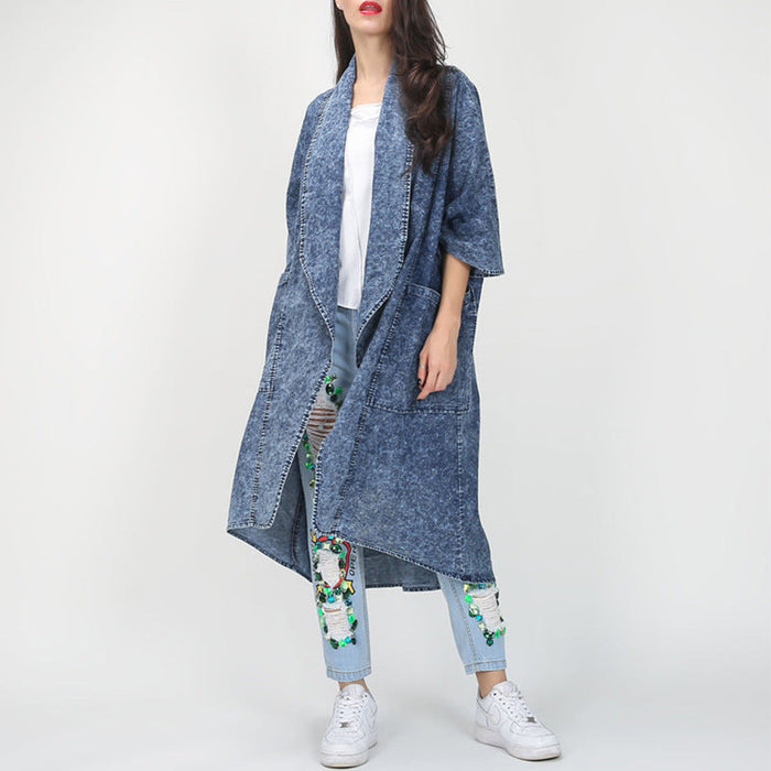 Color-Blue-Autumn Winter Loose Lapels Half Sleeve Irregular Asymmetric Hem Long Denim Trench Coat Coat for Women-Fancey Boutique