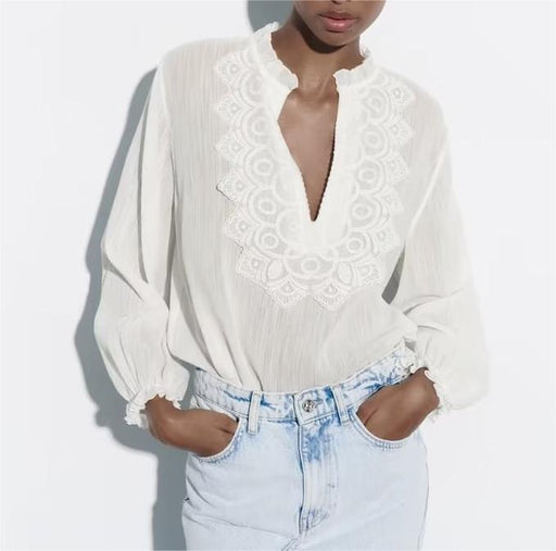 Color-Spring Long Loose Casual Chest Embossed Lace Decorative Shirt-Fancey Boutique