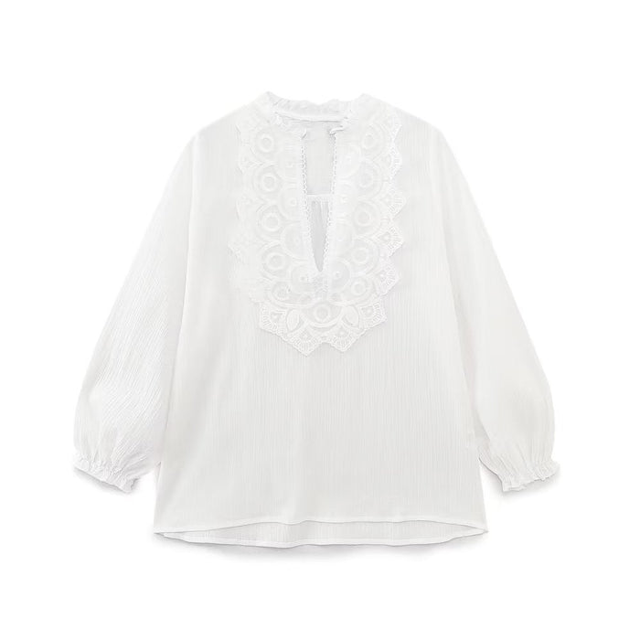 Color-Spring Long Loose Casual Chest Embossed Lace Decorative Shirt-Fancey Boutique