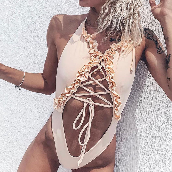 Color-Pink-One Piece Swimsuit Solid Color Flounce Trim Lace Up Hollow Out Cutout Backless Sexy Bikini-Fancey Boutique