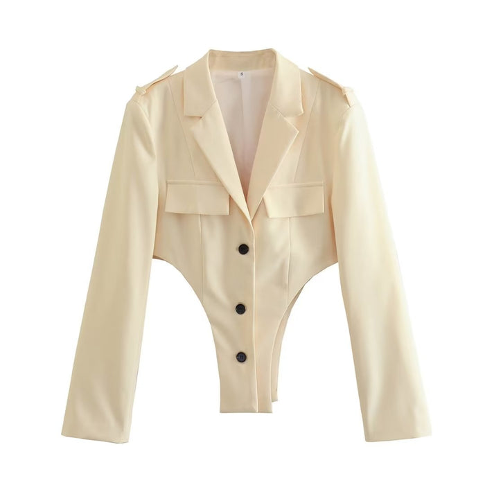 Color-Ivory-Fall Women Clothing Slimming Patchwork Collared Short Blazer-Fancey Boutique