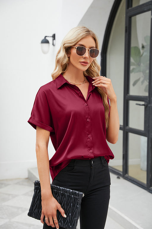 Color-Women Solid Color Satin Short Sleeve Button Shoulder Satin Shirt-Fancey Boutique