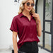 Color-Women Solid Color Satin Short Sleeve Button Shoulder Satin Shirt-Fancey Boutique