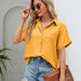 Color-Women V Neck Button Down Shirt Solid Color Bubble Wrinkle Loose Short Sleeve Shirt Top-Fancey Boutique