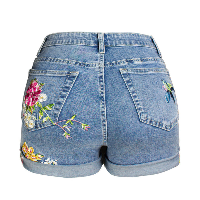 Color-Women Clothing Wide Leg Stretch Shorts Women Clothing 3D Exquisite Embroidered Floral Denim Shorts Women-Fancey Boutique