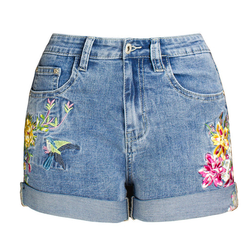 Color-Women Clothing Wide Leg Stretch Shorts Women Clothing 3D Exquisite Embroidered Floral Denim Shorts Women-Fancey Boutique