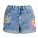 Color-Women Clothing Wide Leg Stretch Shorts Women Clothing 3D Exquisite Embroidered Floral Denim Shorts Women-Fancey Boutique