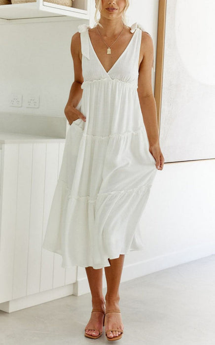 Color-Summer Natural Women Dress Hemp Cotton Tied V neck Loose Gathers Drape Dress-Fancey Boutique