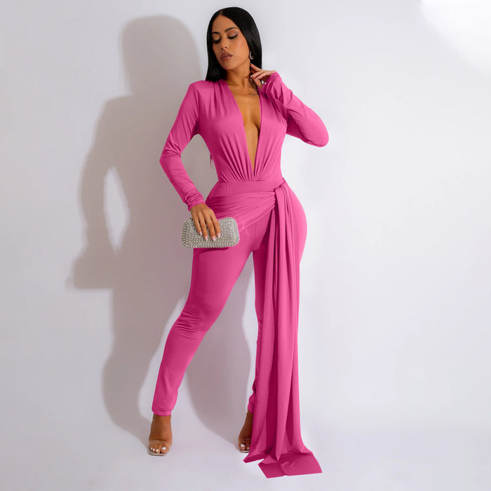 Color-Summer Women Sexy Tight V neck Long Sleeve Jumpsuit Women-Fancey Boutique