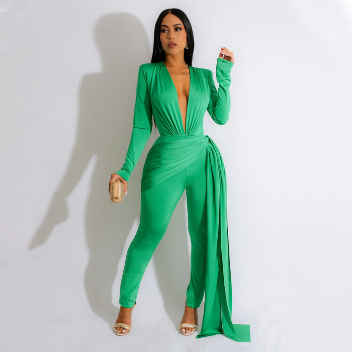 Color-Summer Women Sexy Tight V neck Long Sleeve Jumpsuit Women-Fancey Boutique