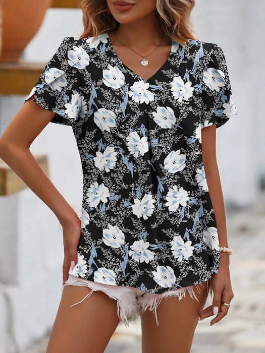 Color-Summer Women Clothing Casual V neck Chiffon Shirt Floral Bud Sleeve Top-Fancey Boutique