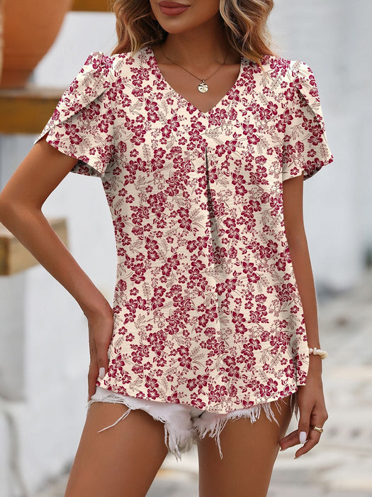 Color-Summer Women Clothing Casual V neck Chiffon Shirt Floral Bud Sleeve Top-Fancey Boutique