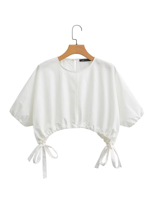 Color-White-Pleated Shirt Korean Women Clothing Summer Bow Pullover White Short Sleeve-Fancey Boutique