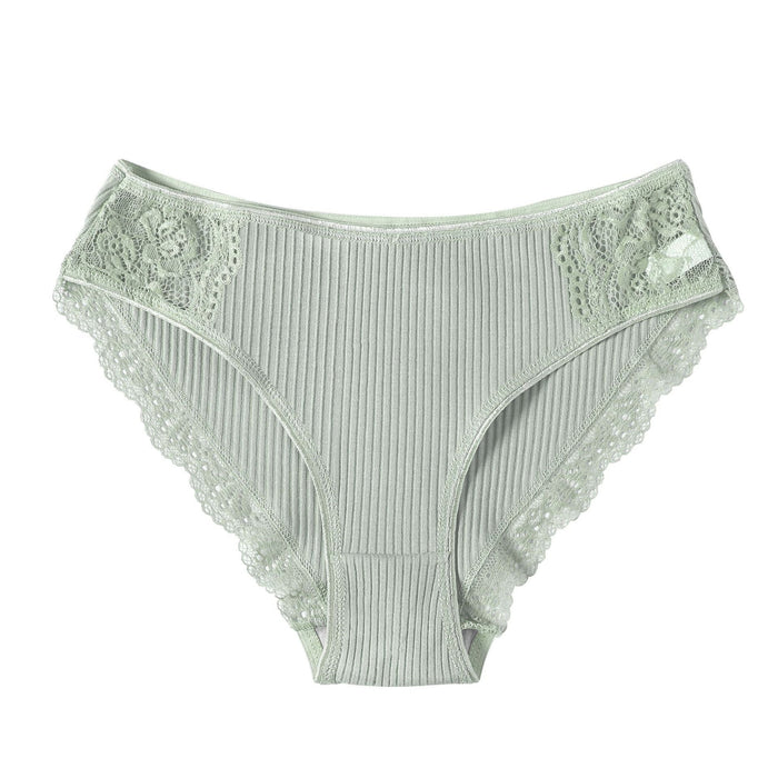 Color-Lake Green-Striped Cotton Lace Panties Briefs Women Underwear Women Underwear-Fancey Boutique