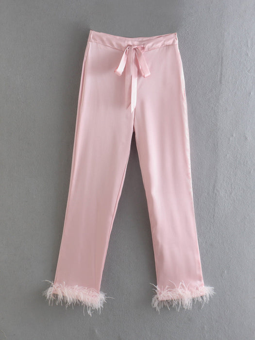 Color-Women Clothing Summer Lace up Feather Decoration Casual Straight Pants Women Trousers & TOP F00122614-Fancey Boutique