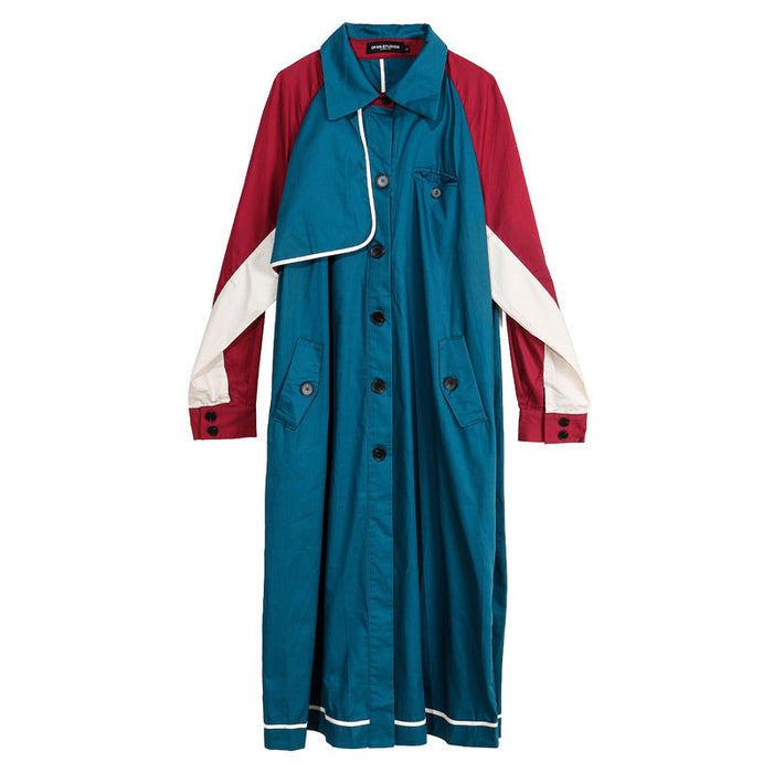 Color-Blue and Red-Color Matching Casual Overcoat Mid Length Sports Loose Trench Coat-Fancey Boutique
