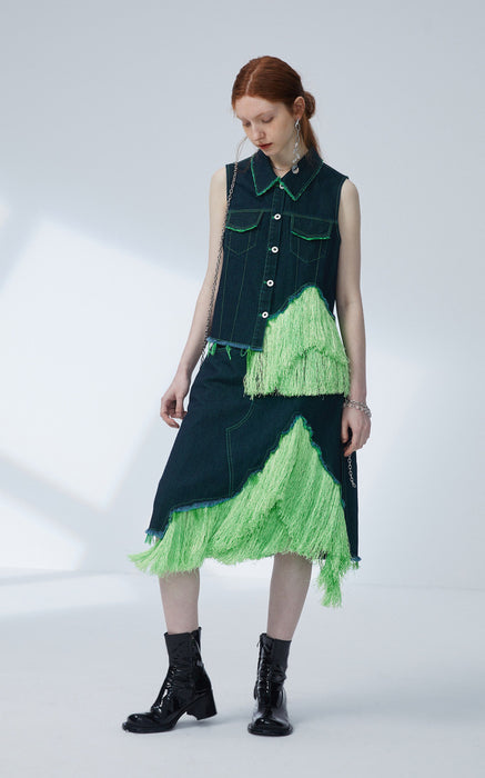 Color-Fluorescent Green Tassel Vest Skirt Denim Two Piece Set-Fancey Boutique
