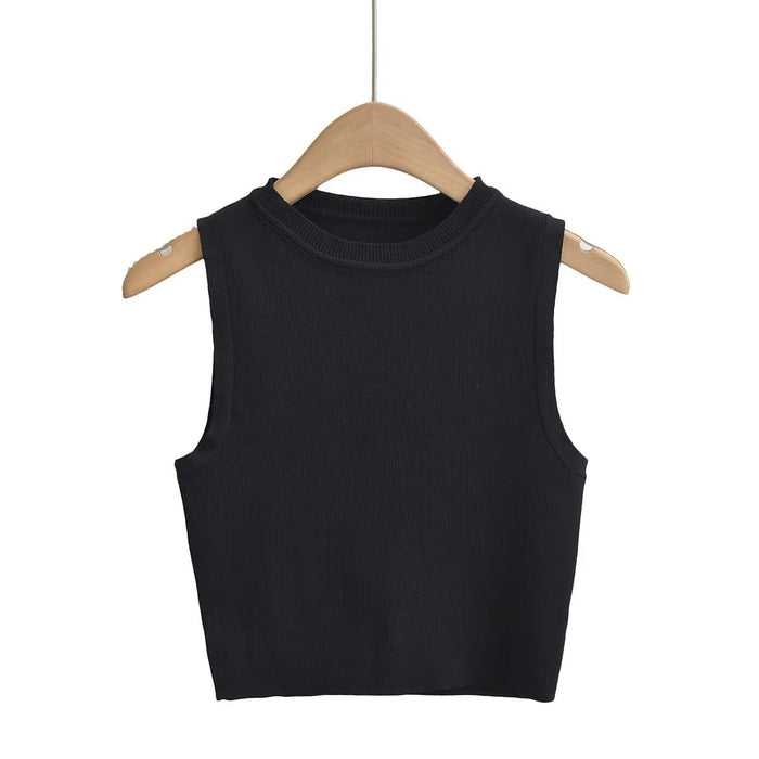Color-Black-Summer round Neck Sleeveless Knitted Short Top Stretch Slimming Knitted Vest-Fancey Boutique