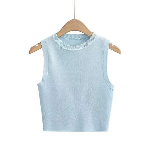 Color-Blue-Summer round Neck Sleeveless Knitted Short Top Stretch Slimming Knitted Vest-Fancey Boutique