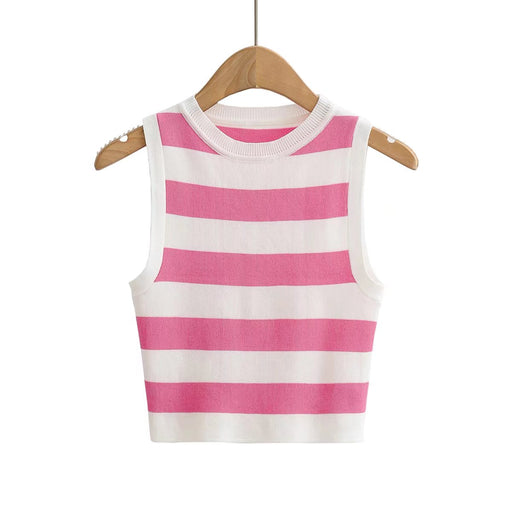 Color-Vest Single Layer Short round Neck Large Striped Slim Slimming Sleeveless Knitted Running Fitness Top-Fancey Boutique