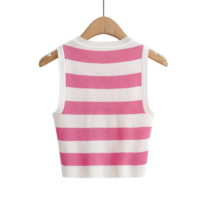 Color-Vest Single Layer Short round Neck Large Striped Slim Slimming Sleeveless Knitted Running Fitness Top-Fancey Boutique
