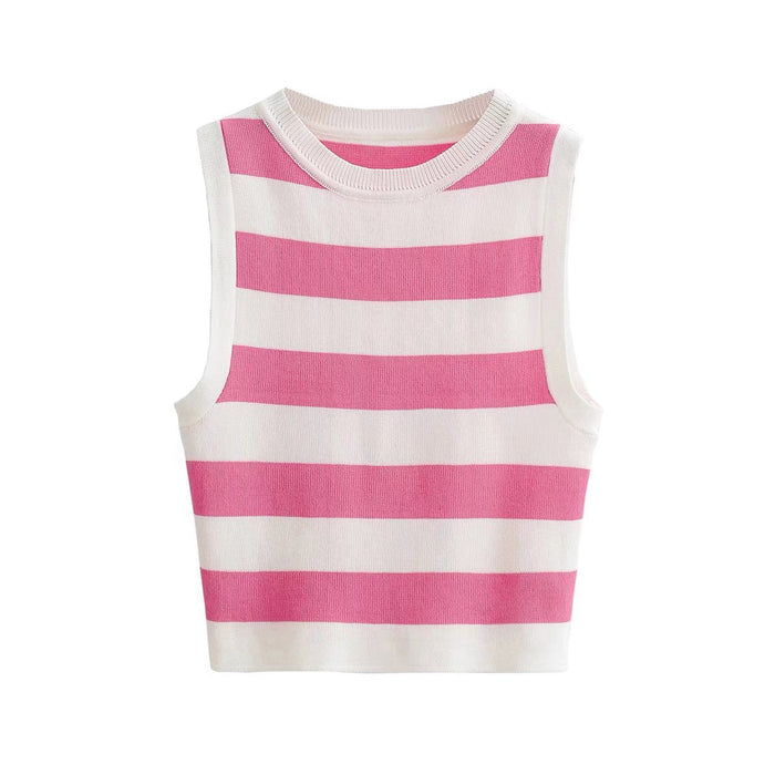 Color-Pink-Vest Single Layer Short round Neck Large Striped Slim Slimming Sleeveless Knitted Running Fitness Top-Fancey Boutique