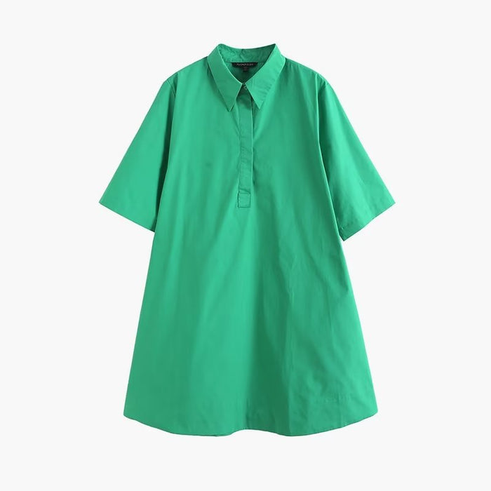Color-Spring Summer Office Simple Solid Color Niche Polo Collar Waist Trimming Short Sleeved Shirt Dress Women-Fancey Boutique