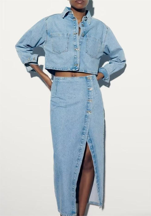 Color-Summer Women Short Denim Jacket Coat Mid Length Skirt Set-Fancey Boutique