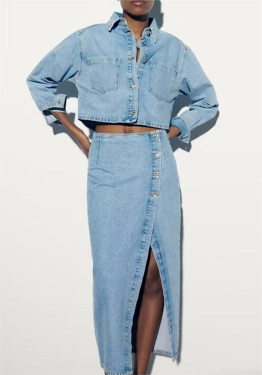 Color-Summer Women Short Denim Jacket Coat Mid Length Skirt Set-Fancey Boutique