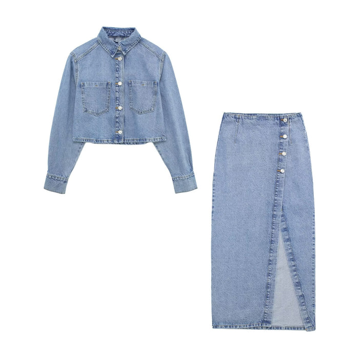 Color-Summer Women Short Denim Jacket Coat Mid Length Skirt Set-Fancey Boutique