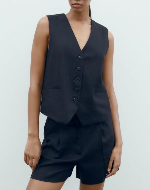 Color-Women Linen Blended Vest Casual Shorts Suit-Fancey Boutique