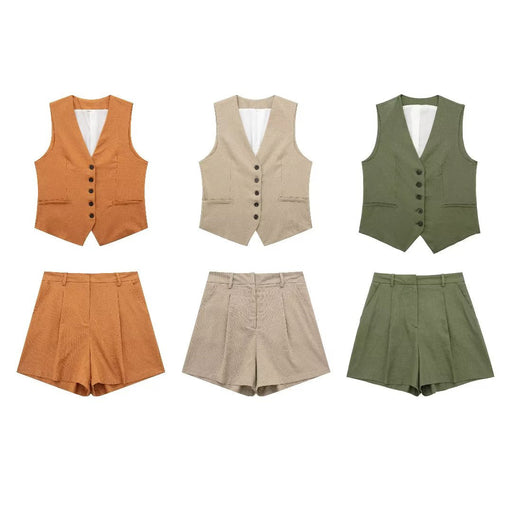 Color-Summer V neck Solid Color Single Breasted Vest High Waist Wide Leg Pants Shorts Suit-Fancey Boutique