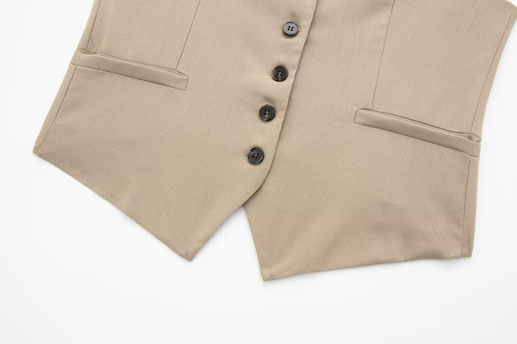 Color-Summer V neck Solid Color Single Breasted Vest High Waist Wide Leg Pants Shorts Suit-Fancey Boutique