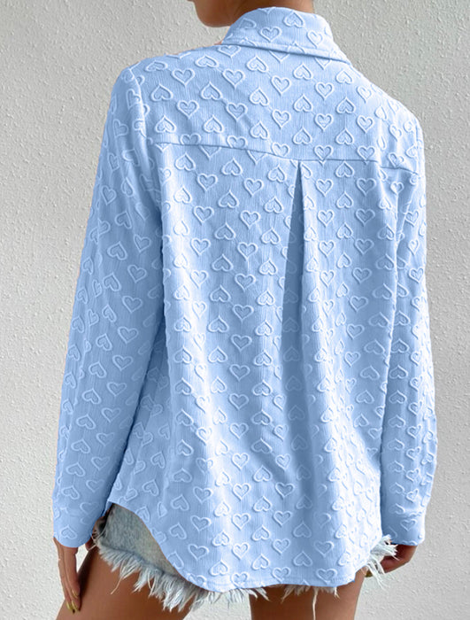 Color-Early Autumn Women Wear Long Sleeve Collared Shirt Heart Shaped Jacquard Cardigan Casual Top-Fancey Boutique