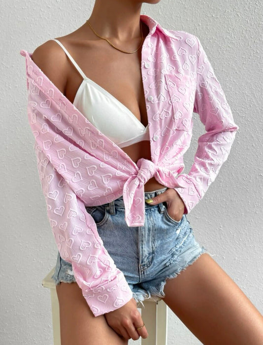 Color-Early Autumn Women Wear Long Sleeve Collared Shirt Heart Shaped Jacquard Cardigan Casual Top-Fancey Boutique