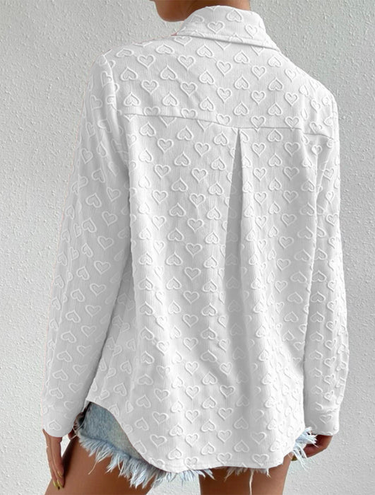 Color-Early Autumn Women Wear Long Sleeve Collared Shirt Heart Shaped Jacquard Cardigan Casual Top-Fancey Boutique