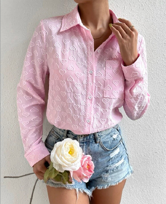 Color-Pink-Early Autumn Women Wear Long Sleeve Collared Shirt Heart Shaped Jacquard Cardigan Casual Top-Fancey Boutique