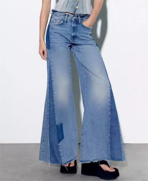 Color-Summer Wind Waist Patchwork Wide Leg Jeans Loose Slimming Jeans Trousers Women-Fancey Boutique