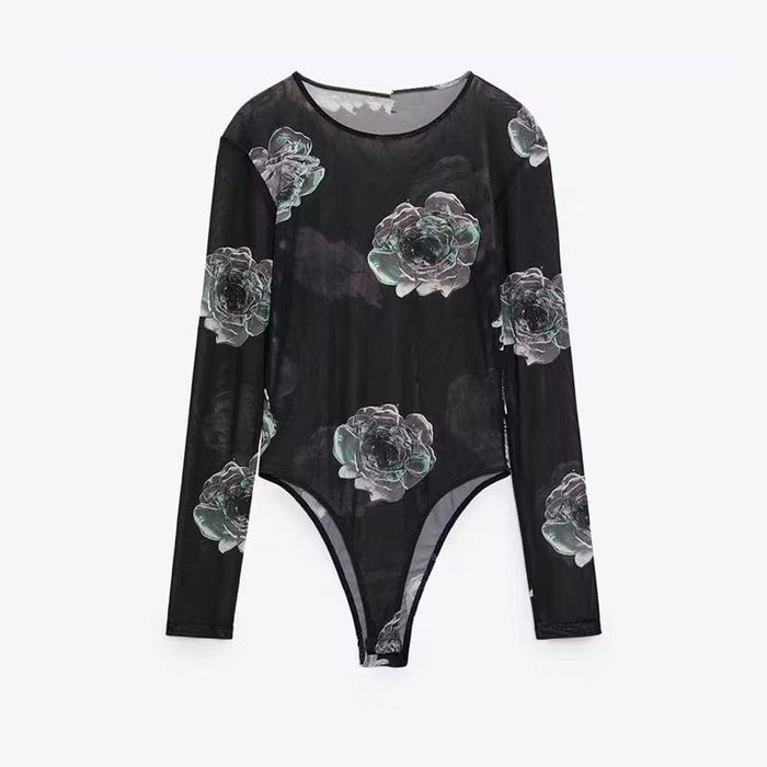 Color-Black-Summer Floral Translucent Stretch Slimming Long Sleeve Sun Protection Jumpsuit Women-Fancey Boutique