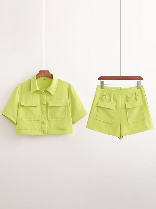 Color-Lemon Yellow-Summer Women Clothing Tuyere Pocket Decoration Shirt Short Coat High Waist Slimming All Matching Shorts-Fancey Boutique