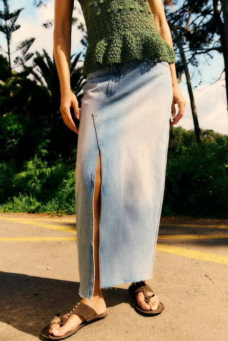 Color-Women Vintage Side Slit Denim Skirt High Waist Slimming Elegant Mid-Length A- Line Hip Skirt-Fancey Boutique