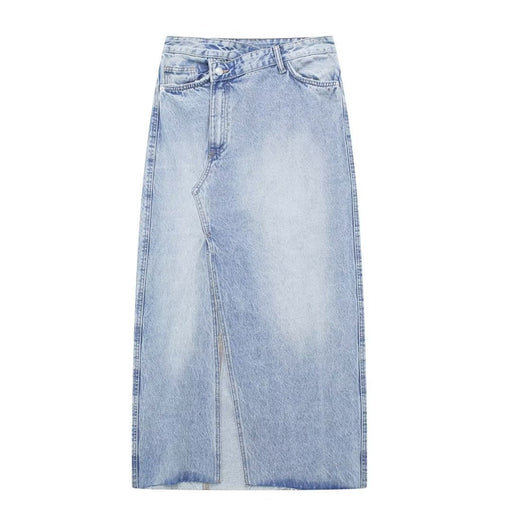 Color-Women Vintage Side Slit Denim Skirt High Waist Slimming Elegant Mid-Length A- Line Hip Skirt-Fancey Boutique