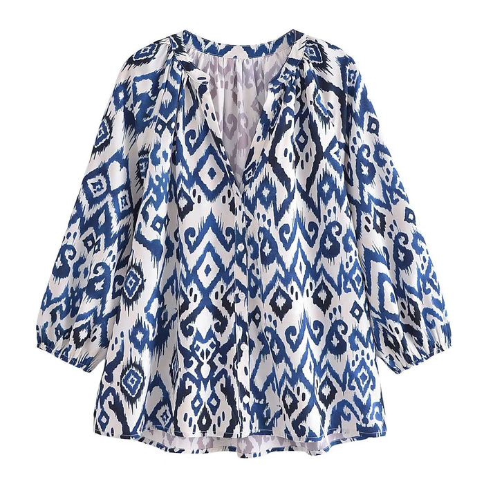 Color-Blue-Summer Women Clothing Loose Casual Long Sleeves V Neck Printed Shirt-Fancey Boutique