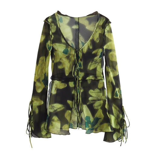 Color-Green-Summer Printed Long Sleeved Blouse Women-Fancey Boutique